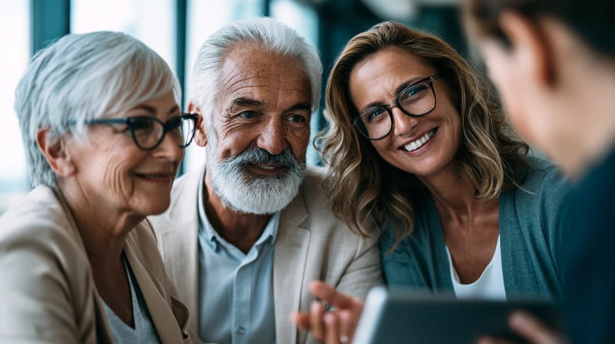 Coppia di pensionati italiani con una consulente finanziaria che mostra opzioni di cessione del quinto